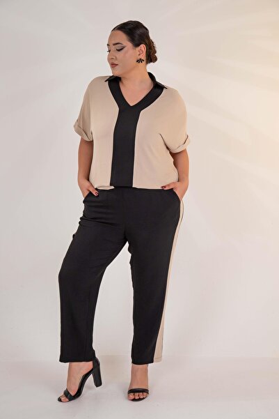 Roxxlen 333914 Model Large Size Beige Garnished Suit