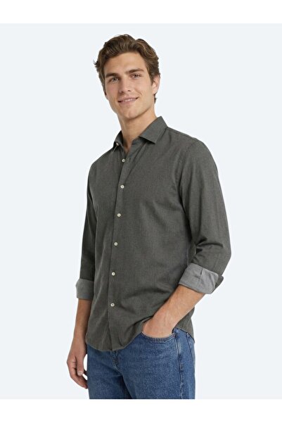 Kip Brown Plain Regular Fit Long Woven Casual Cotton Blend Shirt