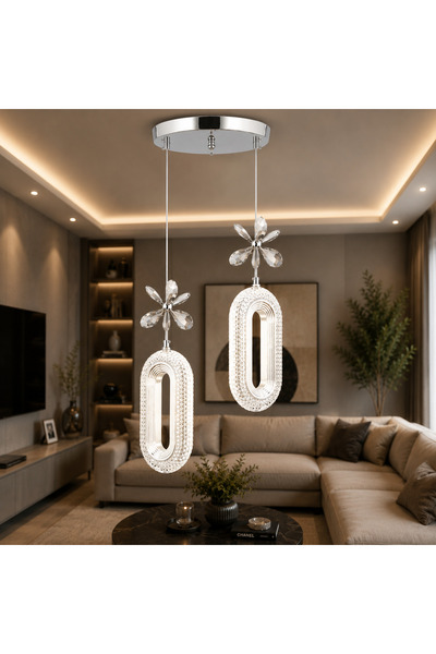 EY-EL TASARIM 2 Lİ DEFNE 3 RENK MODLU KRİSTAL TAŞLI LEDLİ SARKIT AVİZE