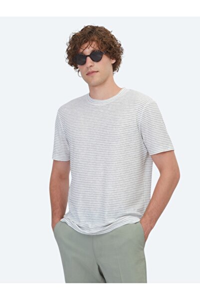 Kip Gray Striped 100% Linen T-Shirt