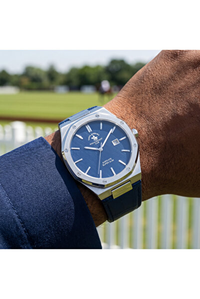 Santa Barbara Polo & Racquet Club ساعة نوبل للرجال من جلد أصلي الأزرق الداكن ...