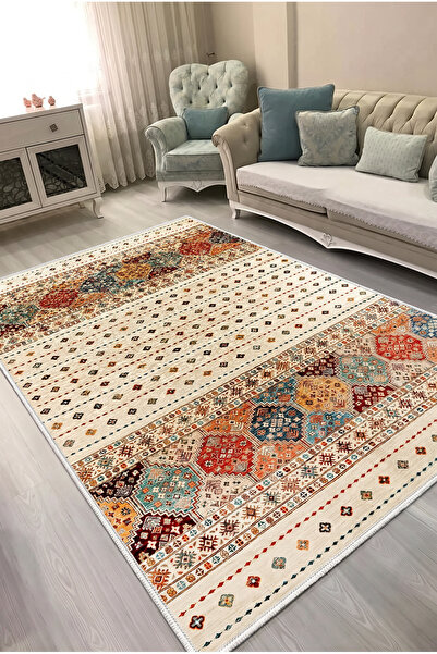 VOPTEKS Renkli Vintage Halı Salon Halısı Makinede Yıkanabilir Kaymaz Taban Halı