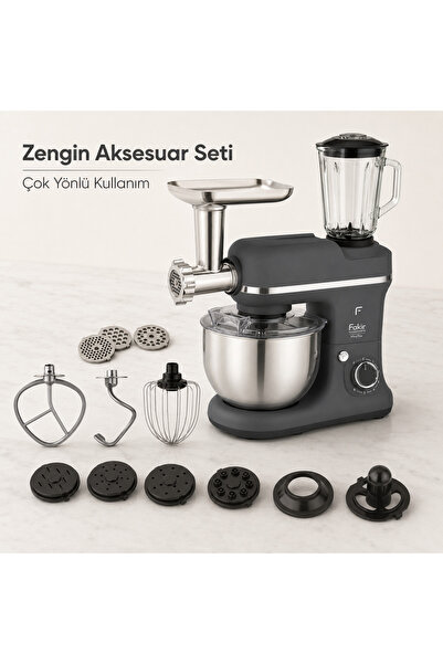 Fakir MixyTrio 1500 W 3’ü 1 Arada Stand Mikser, 5 L Hazneli, Cam Sürahili, Kıyma Aparatlı