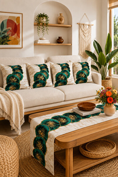on the clouds Emerald green stone detailed table decorative 4-piece cushion c...