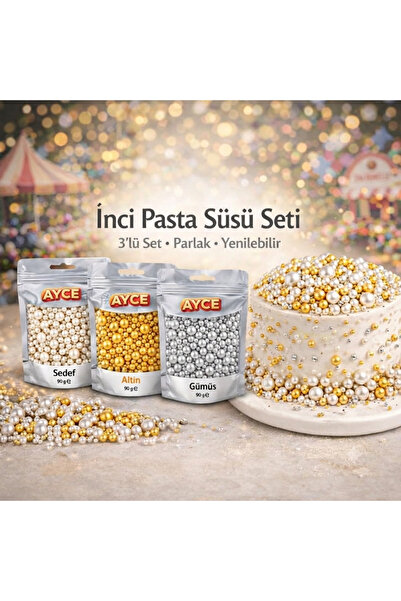 AYCE Yenilebilir Pasta Süsü 3’lü Set Altın-Gümüş-İnci Şeker Dekor Cupcake Pas...
