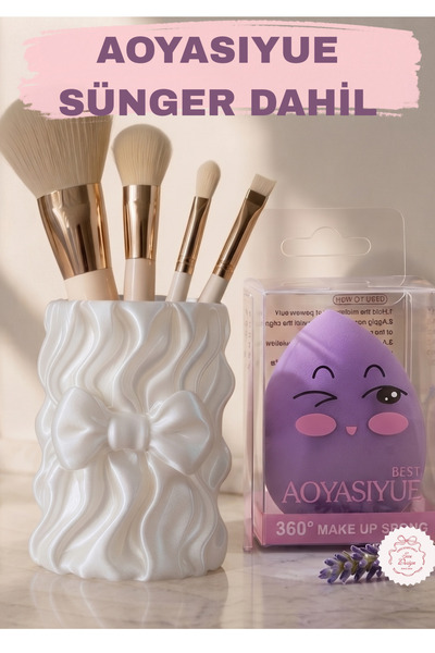 Sue Design Satin Textured Bow Detailed Makeup Brush Holder - Decorative Cosme...