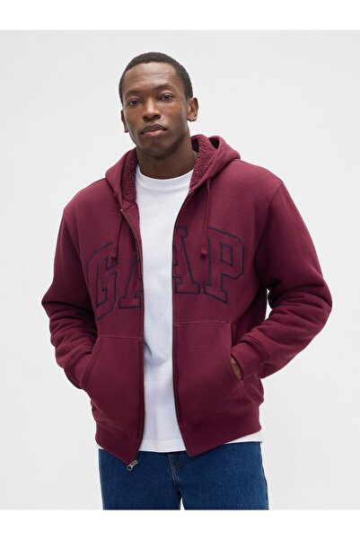 GAP Erkek Bordo Relaxed Logo Sherpa Astarlı Fermuarlı Sweatshirt