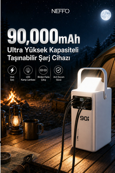 NEFFO 90000 mAh Ultra Kapasiteli Powerbank LED Fenerli Hızlı Şarj Destekli Ta...
