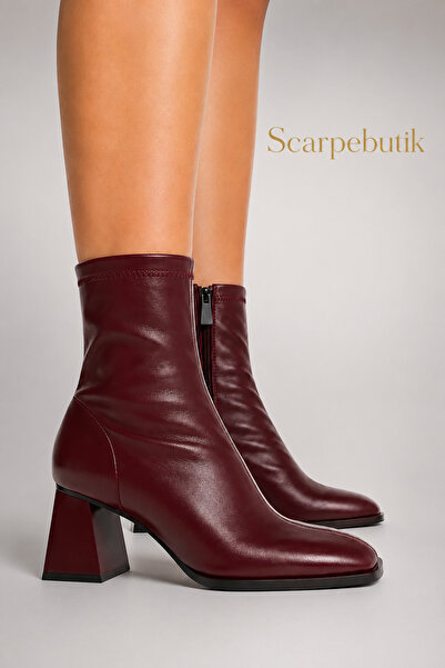 Scarpebutik حذاء نسائي ذو كعب متوسط ​​مربع الشكل باللون العنابي وقابل للتمدد ...