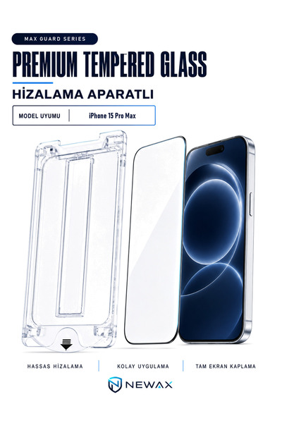 NEWAX iPhone 15 Pro Max Uyumlu Kolay Kurulum Aparatlı 9H Tam Kaplayan Premium...