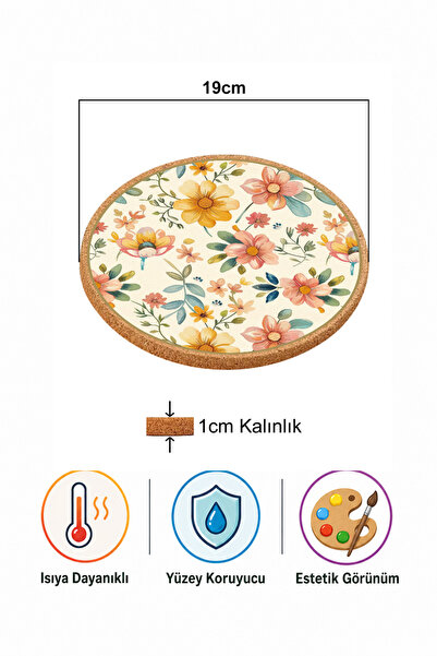 iyi fikirler Çiçek Desenli Mantar Nihale Tencere Tava Altlığı 19cm Çapında 1cm Kalınlığında