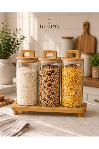 Durina Living 3’lü Standlı Bambu Kulplu Kapaklı Cam Kavanoz 1000 ml – Büyük B...