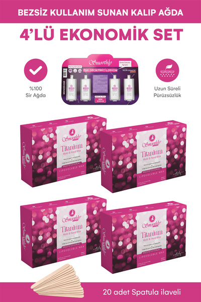 Smoothly Titanim kalıp ağda 500 g x 4 adet 2000 G. 20 adet spatula 4 lü tüy losyon