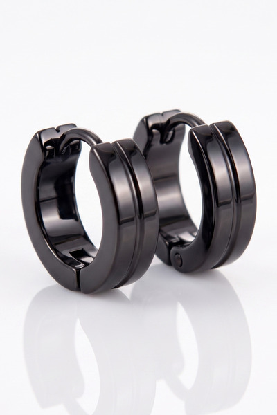 Solfera Black Colored Striped Steel Men's Earrings E428