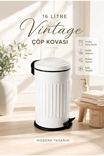 BySevil Vintage 16 Lt Pedal Trash Can White |   Cover with Shock Absorber |  ...