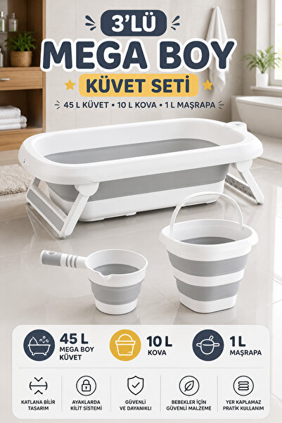 Zuu Baby Aqua Nest Bebek Küveti Lüks 3 Lü Set Katlanır 45 Litre Gri