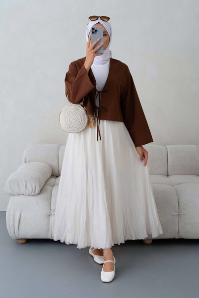 Giyim Gezegeni Front Tie-Detail 2 Tie-String Brown Kimono Shirt Modern Modest Chic New Season Skirt-Top Kimono