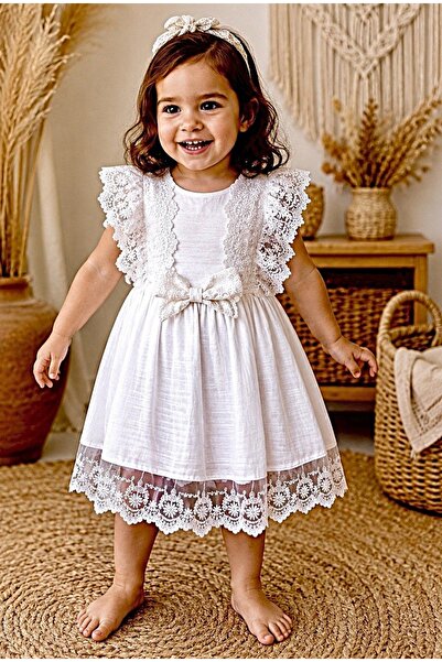 minikiti White 100% Cotton Muslin Girl's Dress Bow Lace Dress Daily Birthday ...