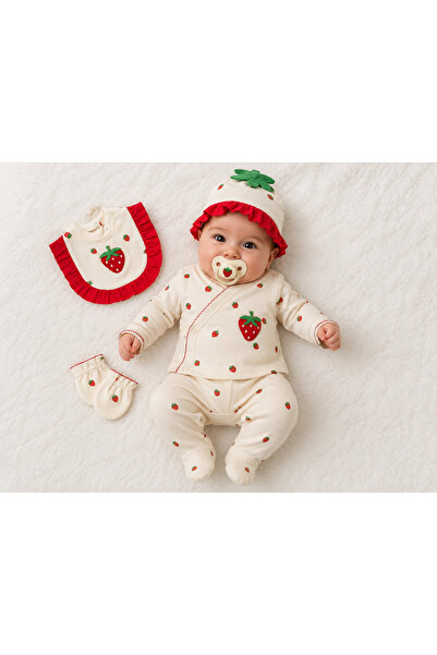 Hülya's MIND Strawberry Patterned Newborn Baby Girl 5-Piece Set Hospital Release