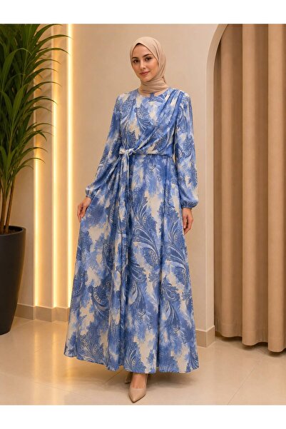 Novaİst Elegant Blue Patterned Belted Chiffon Stylish Summer Dress