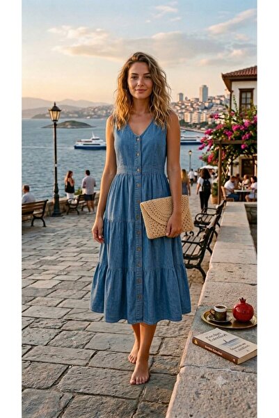 STYLENEST Kadın Küçük Beden Kot Elbise Midi Boy Denim V Yaka Yazlık Düğmeli K...