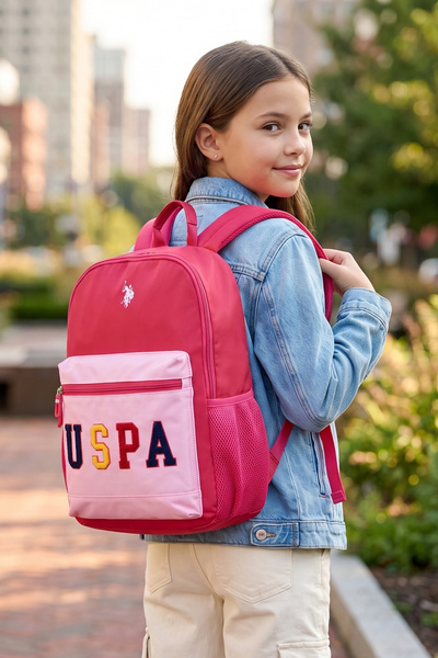 U.S. Polo Assn. 24267-24261 حقيبة ظهر مدرسية للمرحلة الابتدائية باللون الوردي