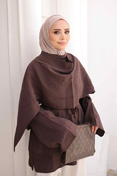 İmajButik Кафява туника с детайлна връзка на талията и шаловиден дизайн