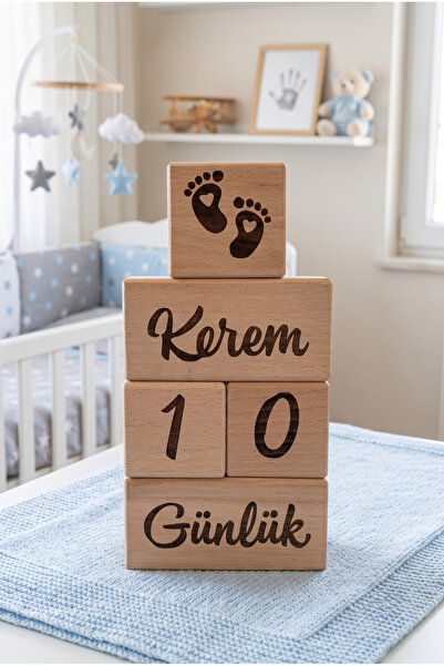 fikirstore %100 Doğal Ahşap Anne Bebek Anı Küpleri 5'li Set Lazer Kazımalı-isimlikli