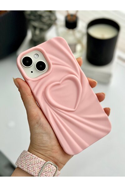 Go Aksesuar Apple Iphone 13 - 14 - 15  Uyumlu 3D Mat Saten Kalp Kabartma Desenli Darbe Önleyici Silikon Kılıf