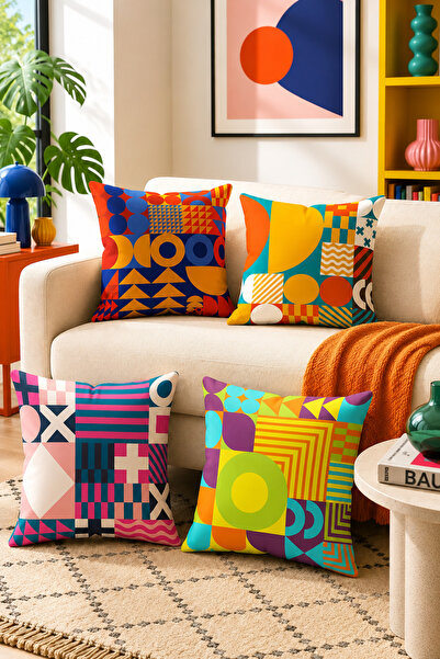 Moud's Double Sided Printed Geometric Patterned 4-Piece Combination Suede Thr...
