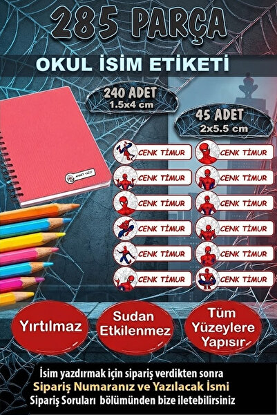 Kt Grup Okul Etiketi Kalem Defter Etiketi Özel Isimli Etiket Spider 12 Figür ...