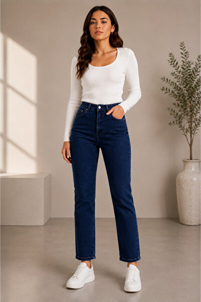 DELDNM Zera Kadın Premium Koyu Mavi Yüksek Bel Likralı Trend Mom Jean