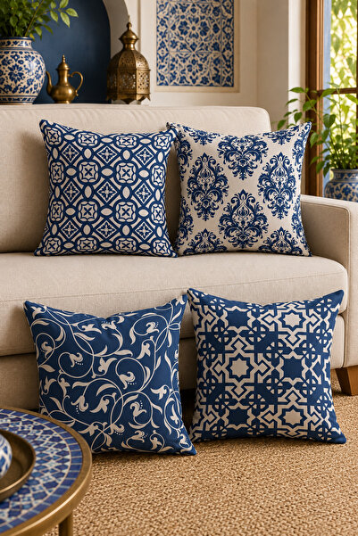 Moud's Double Sided Printed Navy Vintage Patterned 4-Piece Combination Suede ...