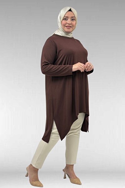 Eslina 58070 Large Size Asymmetrical Cut Combed Cotton Tunic - Brown