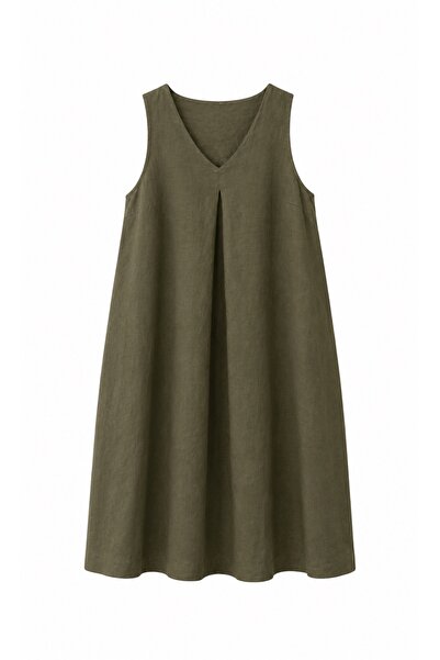 Zelish My Sister Khaki Pleated Front V-Neck Linen Dress