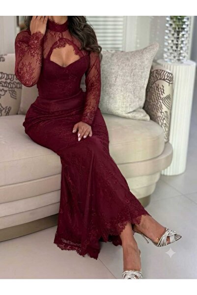 Ayaen Long Burgundy Bodycon Dress with Sheer Lace Sleeves and Sexy Chest Cutout