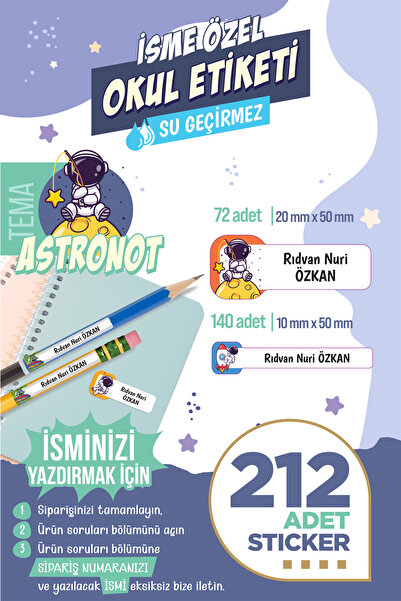 colortouch 212 ADET Astronot Temalı Okul Etiketi Sticker Kalem Etiket Defter ...