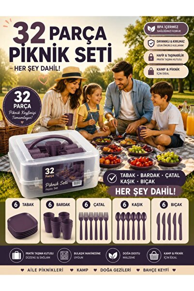Arsimo 32 Parça Kare Piknik Seti | Piknik Tabak Çatal Kaşık Bıçak Bardak ve S...