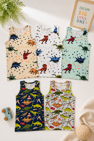 MADALİNA Boys' 95% Cotton Frog Patterned 5-Piece Undershirt