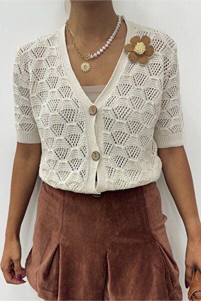 Modamorfo Floral Rosette Openwork Knitwear Cardigan -Stone