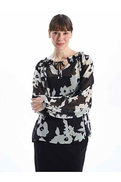LC Waikiki Γυναικεία μπλούζα από σιφόν με δετό γιακά και λουλούδια (W4)