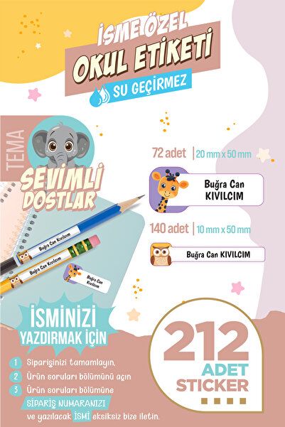 colortouch 212 ADET Sevimli Dostlar Temalı Okul Etiketi Sticker Kalem Etiket ...