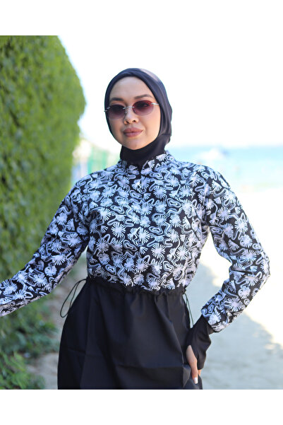 Rosto Fashion ملابس سباحة إسلامية مغلقة بالكامل بنمط تجريدي أسود، قابلة لتعدي...