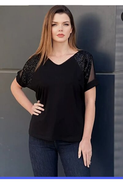 PARKDERİN Plus Size Soft Textured V-Neck Blouse with Shoulder Stone and Sequi...
