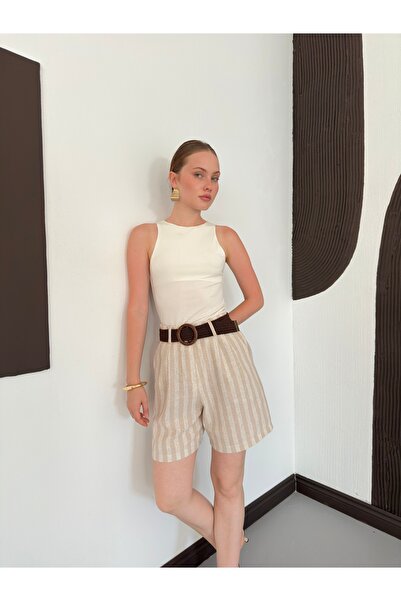 VERYMODA Pantaloni scurți din in cu dungi de piatră și curea |   D2577