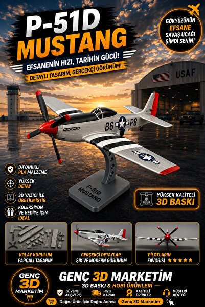 Genç 3D P-51D Mustang Model Uçak | Koleksiyonluk Dekoratif Maket | 3D Tasarım
