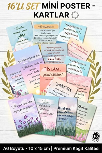 Nur Print 16'lı Hadis Mini Poster Seti A6(10x15 cm) Boyut Pastel İslami Motto...