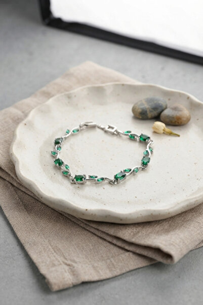 DMR Elegance Brass Silver Color Green Zircon Stone Flower Model Women's Bracelet