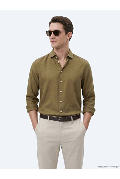 Kip Haki Düz Regular Fit Uzun Dokuma Casual Pamuk Karışımlı Gömlek