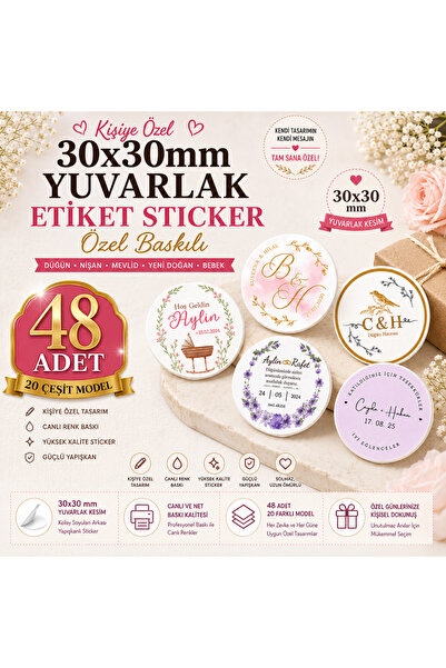 Seçkin Trend Kişiye özel 30x30mm Yuvarlak Etiket, Özel Baskılı Sticker, Düğün...